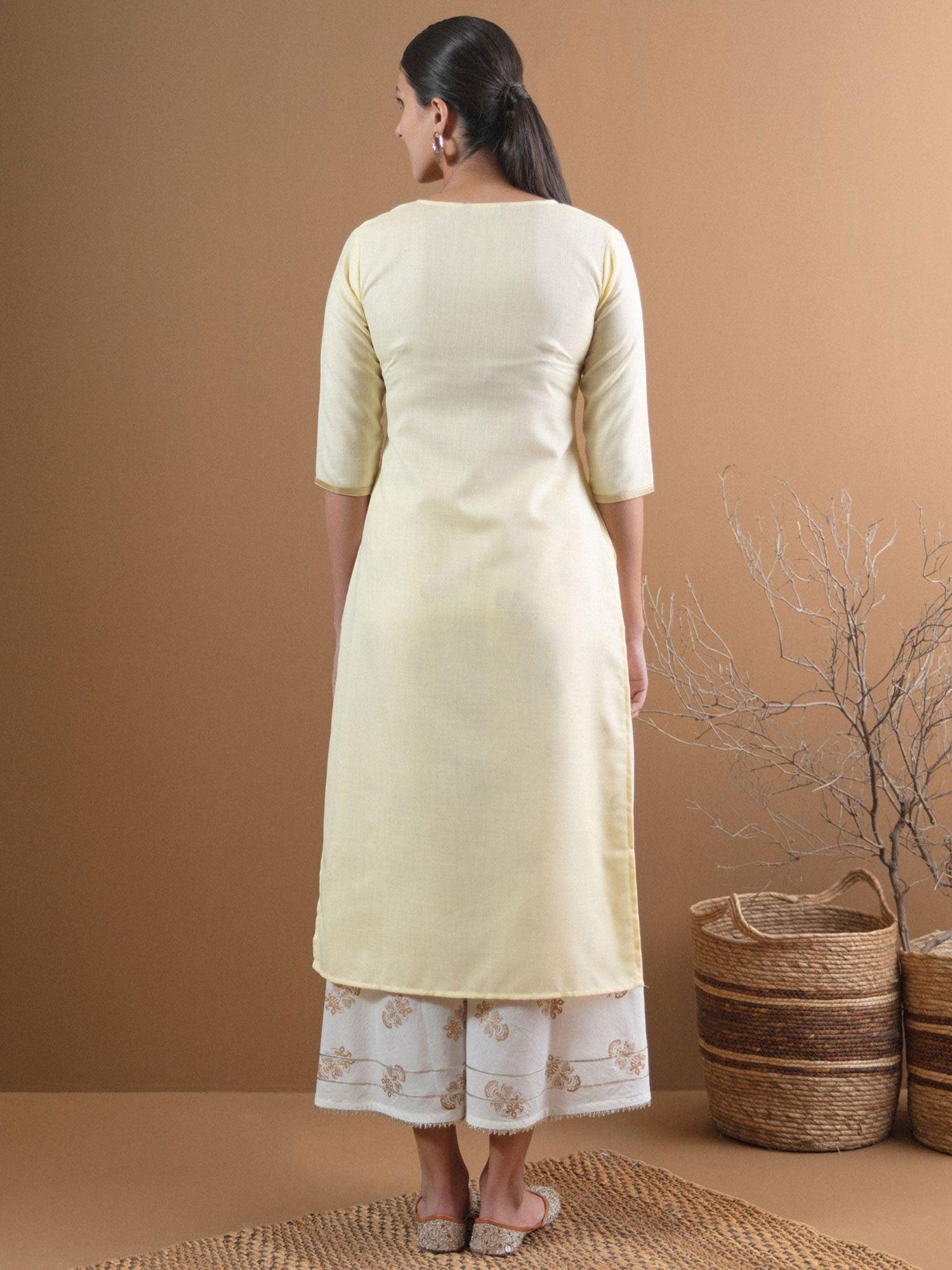 Beige Embroidered Cotton Kurta With Mask