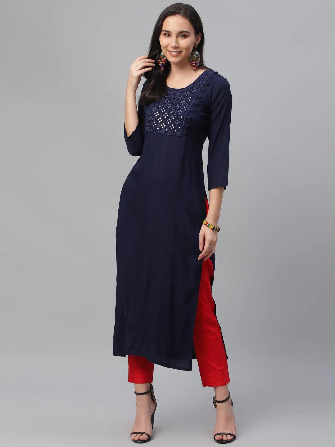 Blue Embroidered Rayon Kurta