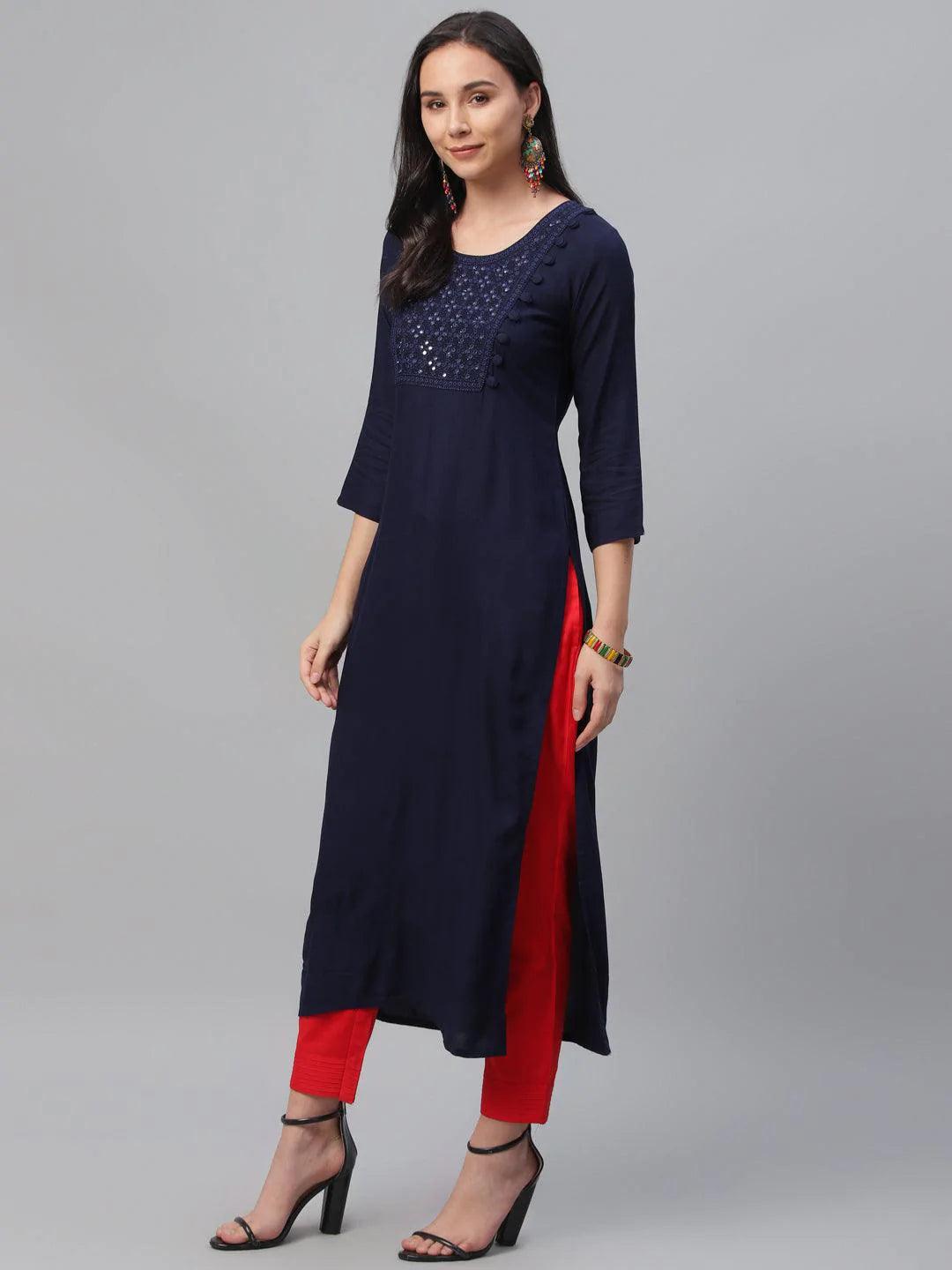 Blue Embroidered Rayon Kurta