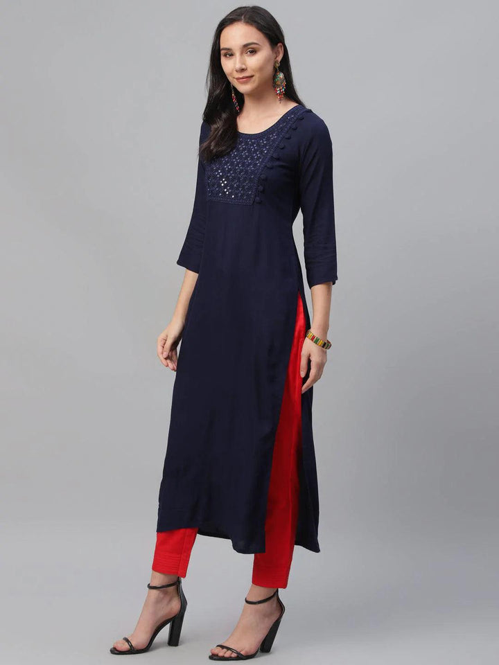 Blue Embroidered Rayon Kurta - ShopLibas