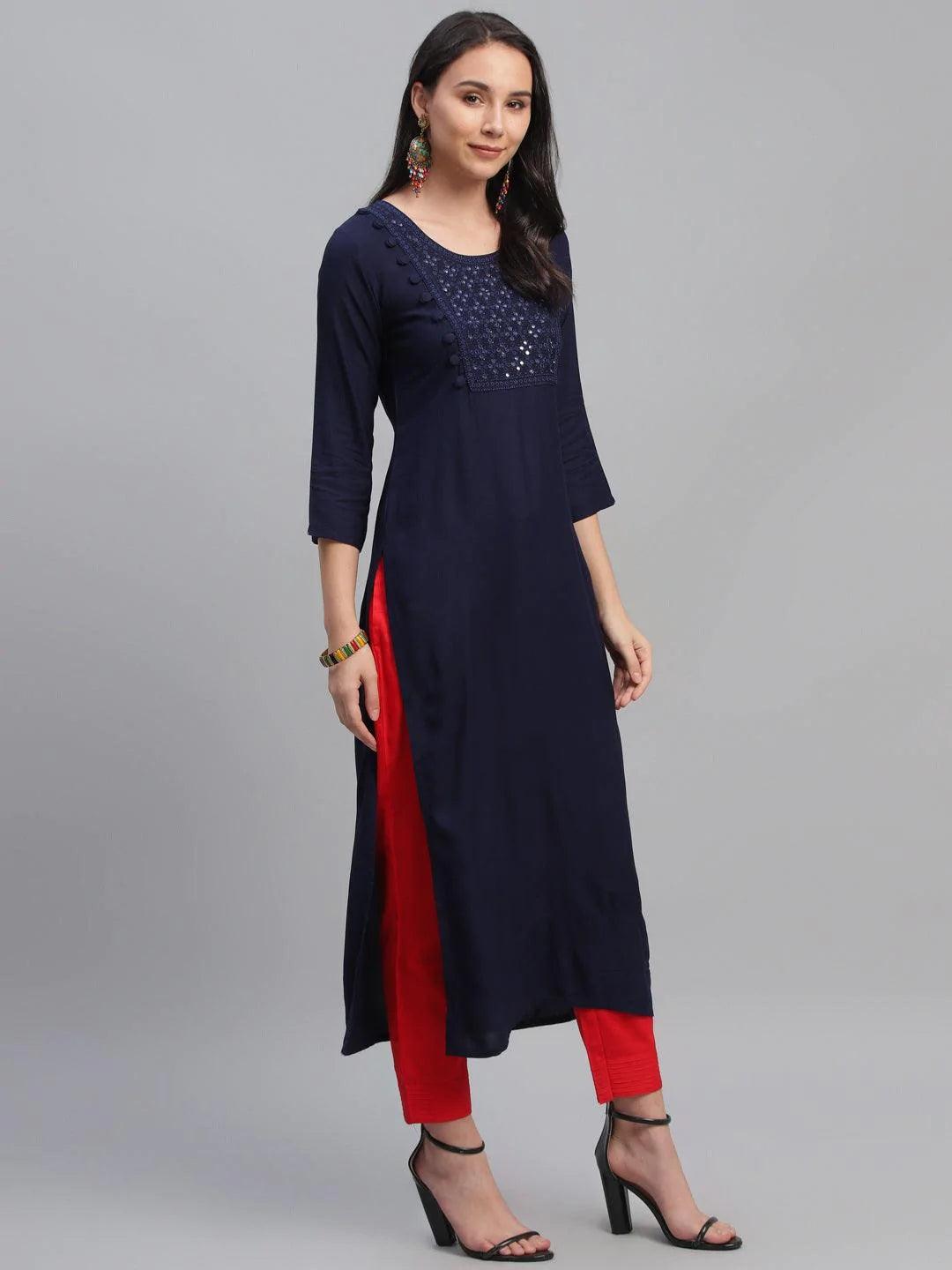 Blue Embroidered Rayon Kurta