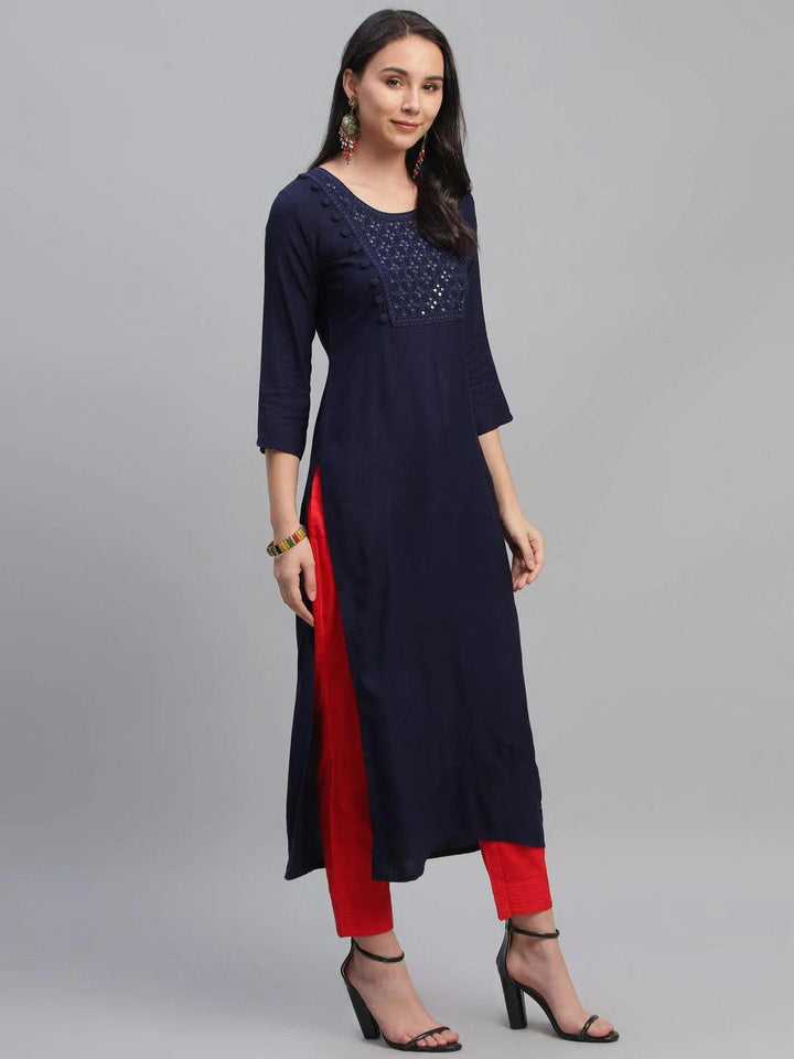 Blue Embroidered Rayon Kurta - ShopLibas