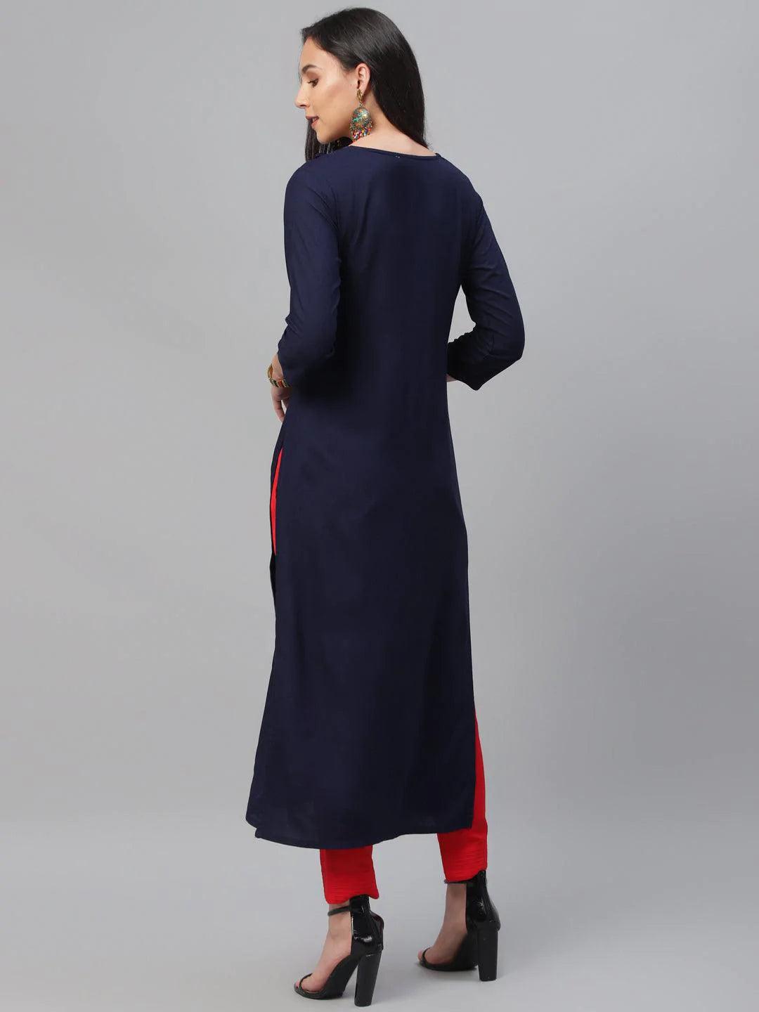 Blue Embroidered Rayon Kurta