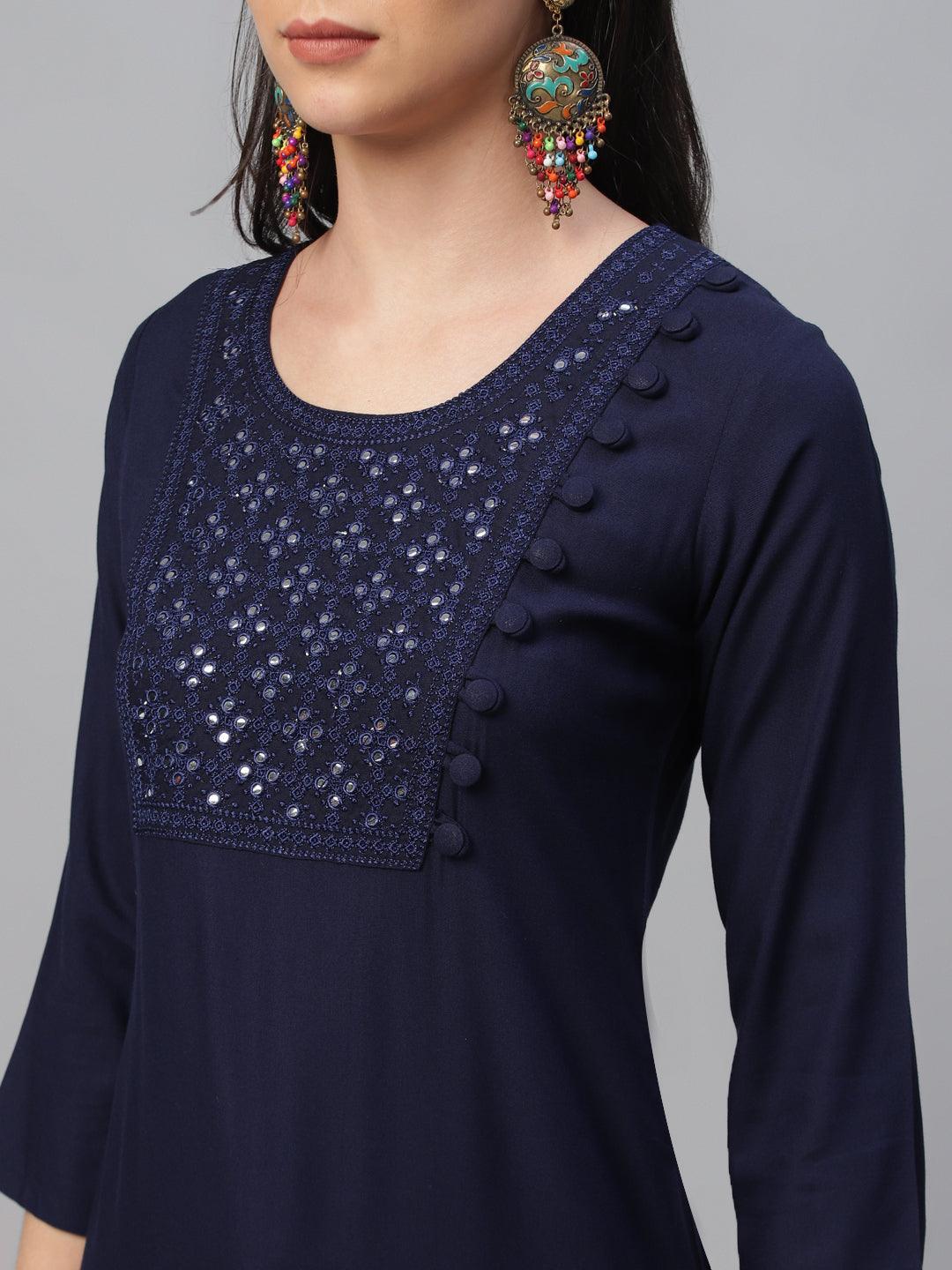 Blue Embroidered Rayon Kurta