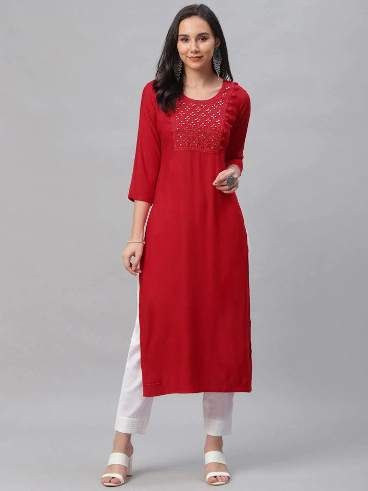 Red Embroidered Rayon Kurta - ShopLibas