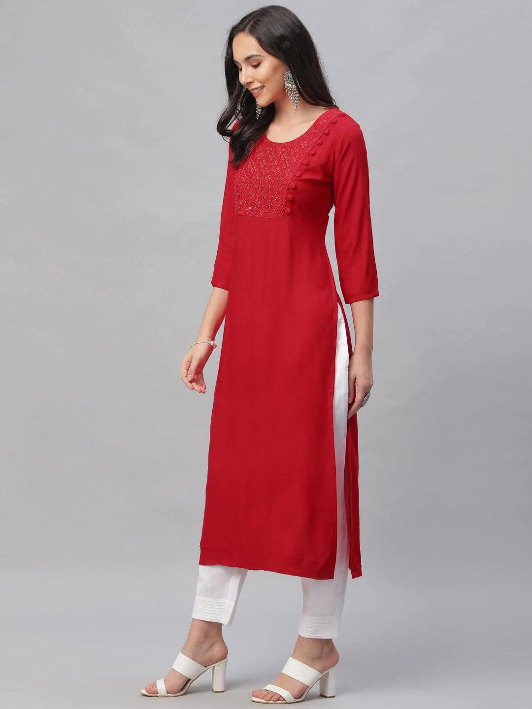 Red Embroidered Rayon Kurta - ShopLibas