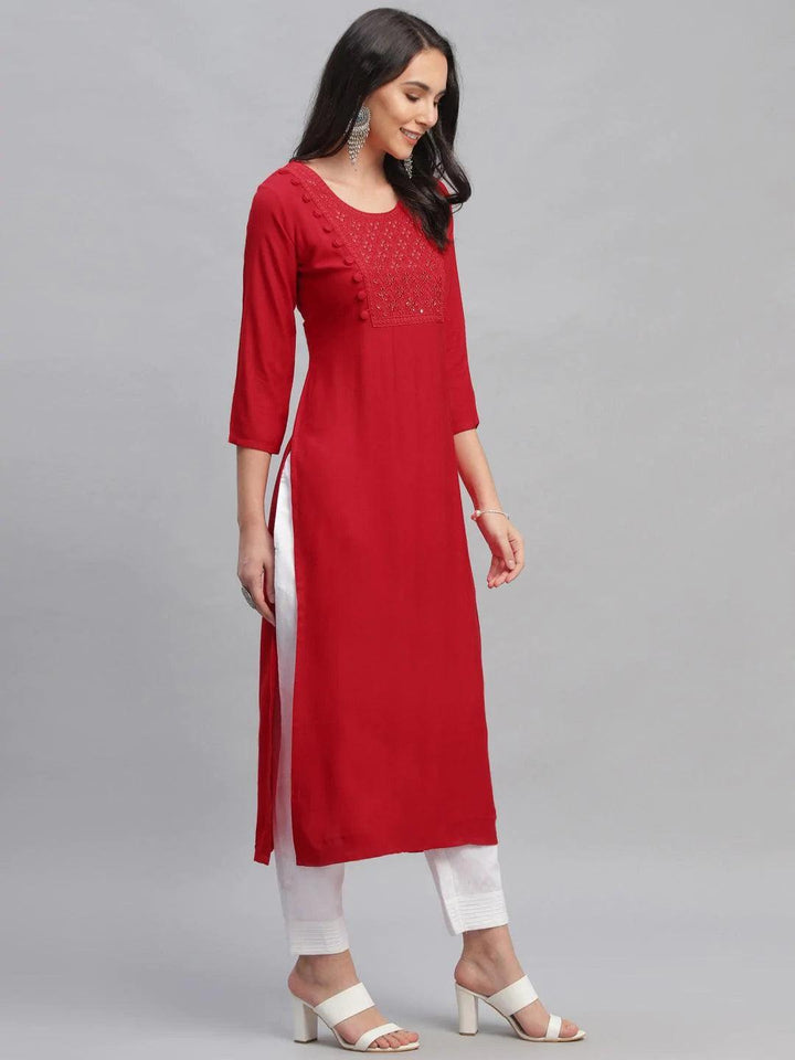 Red Embroidered Rayon Kurta - ShopLibas