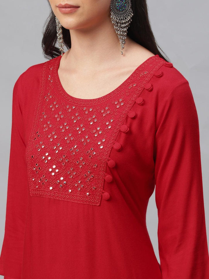 Red Embroidered Rayon Kurta - ShopLibas