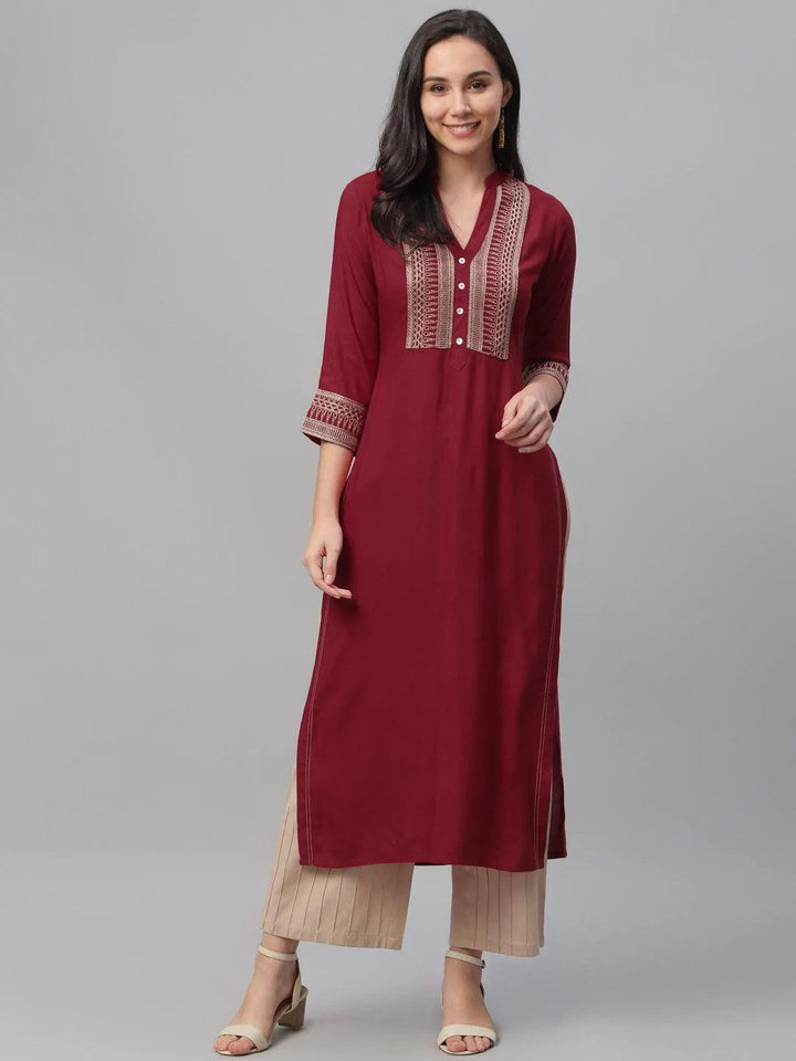 Maroon Embroidered Rayon Kurta - ShopLibas