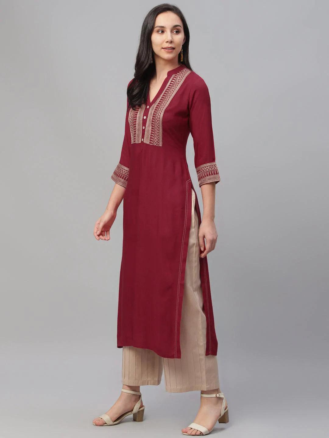 Maroon Embroidered Rayon Kurta - ShopLibas