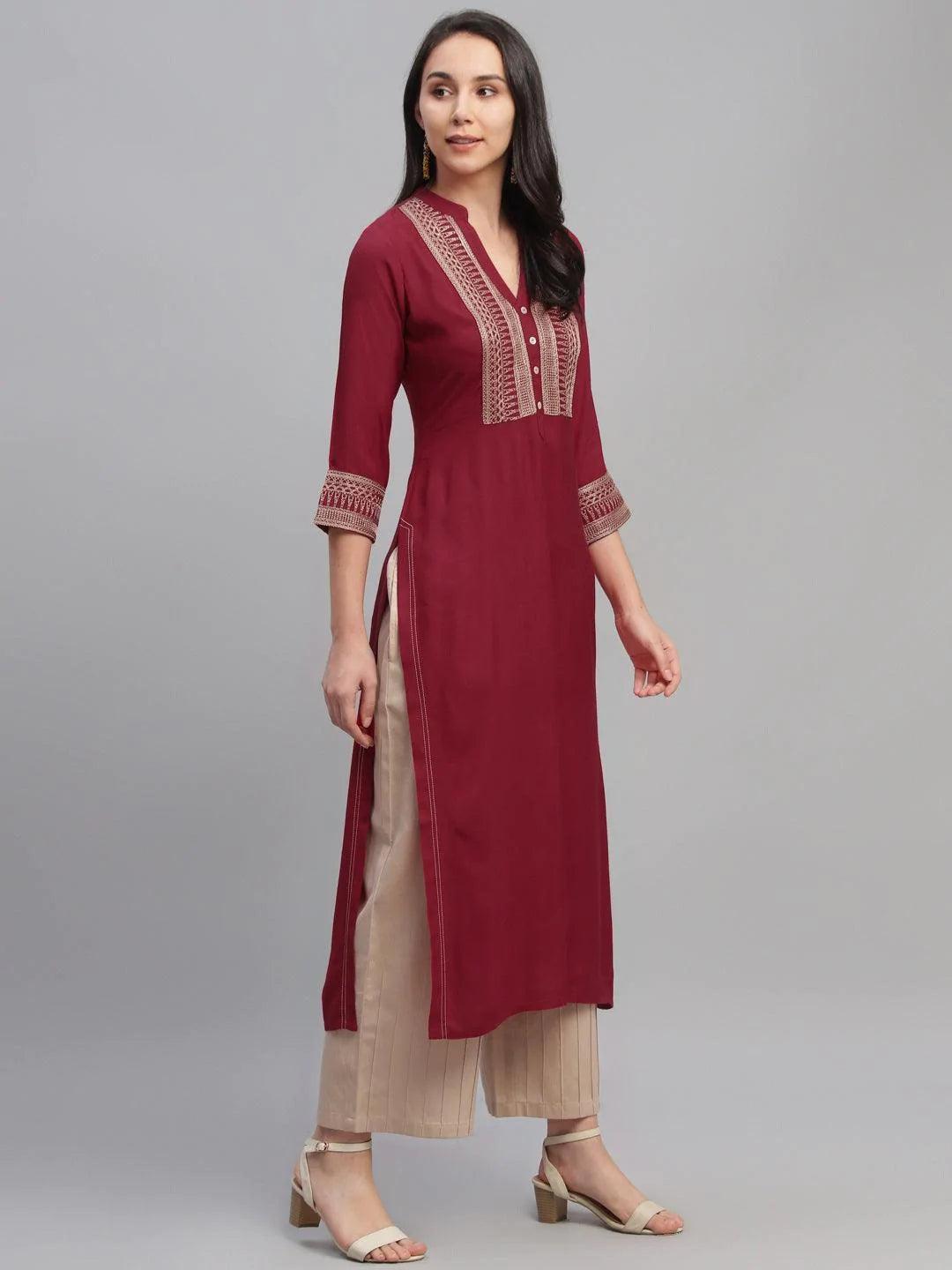 Maroon Embroidered Rayon Kurta - ShopLibas