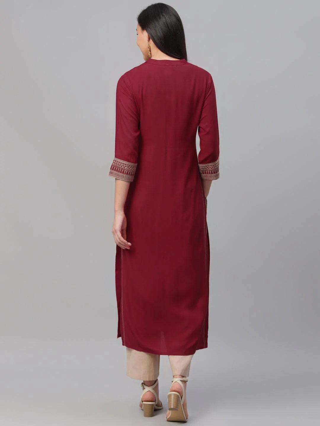 Maroon Embroidered Rayon Kurta - ShopLibas