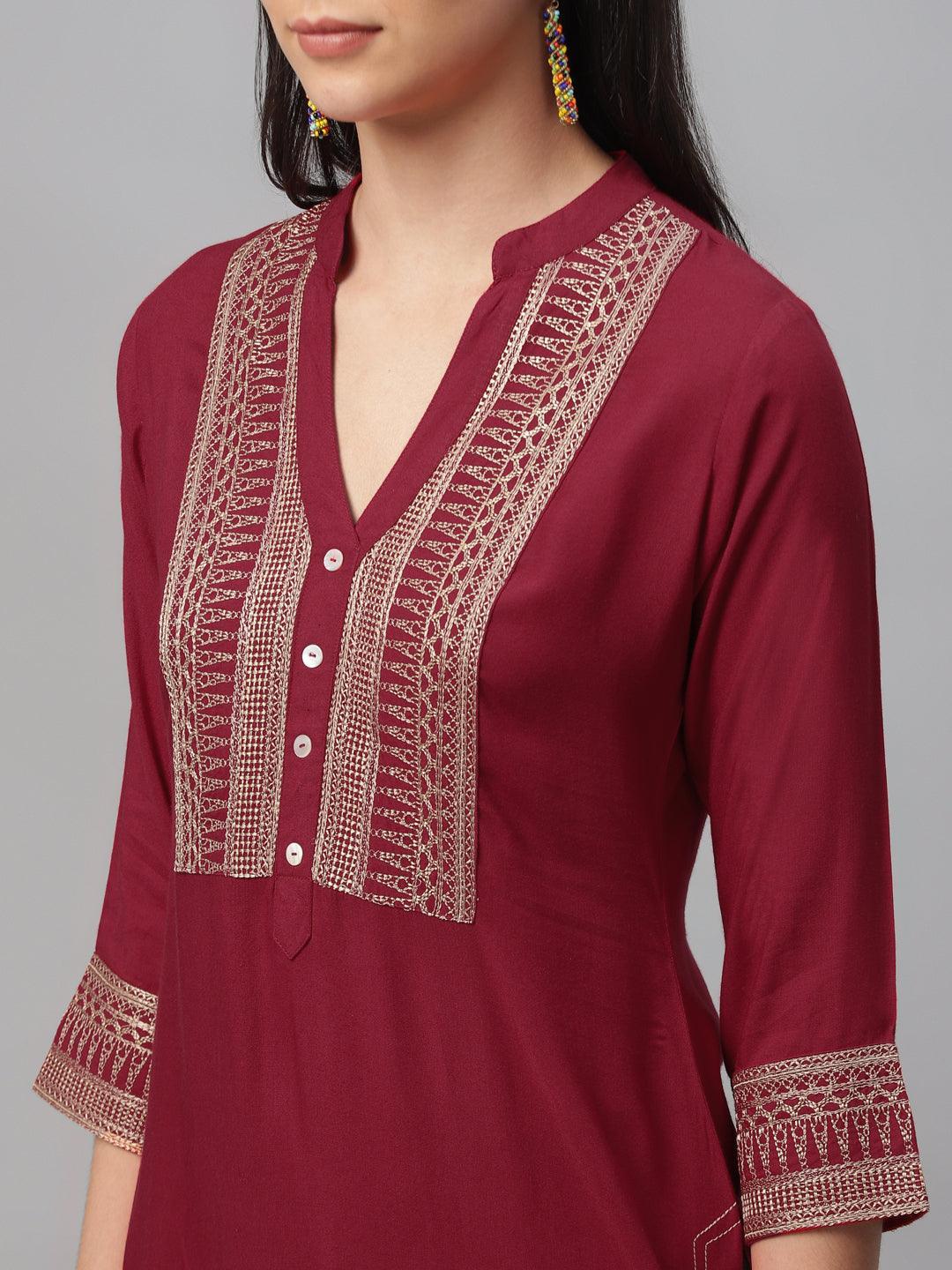 Maroon Embroidered Rayon Kurta - ShopLibas