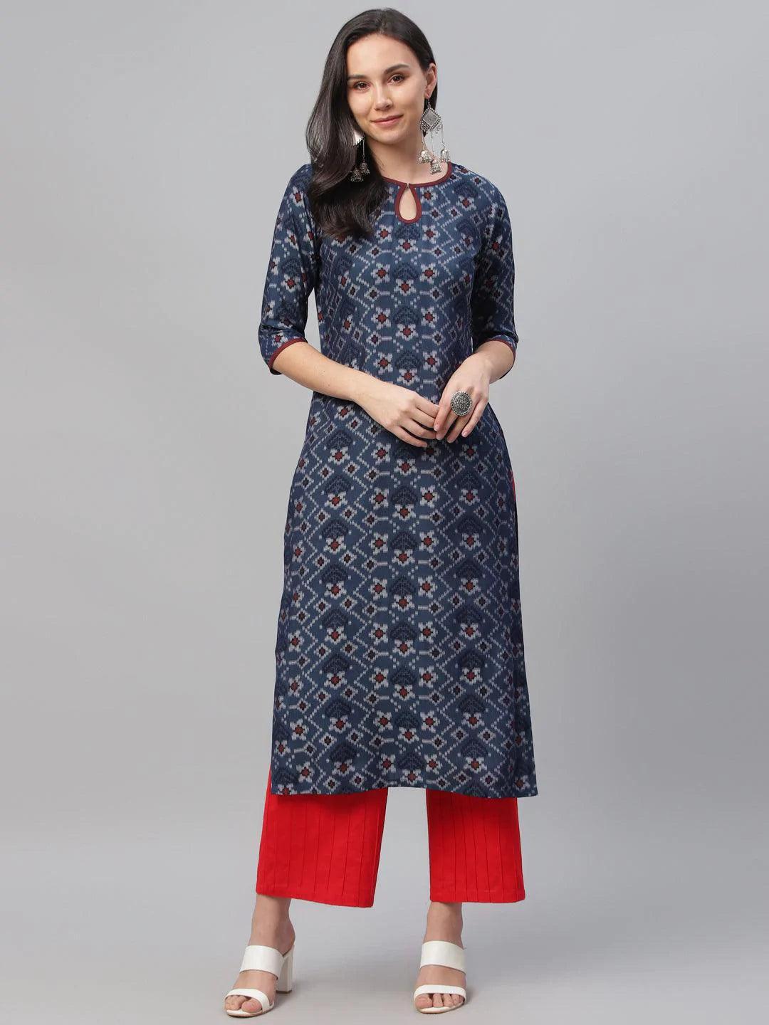 Blue Printed Rayon Kurta