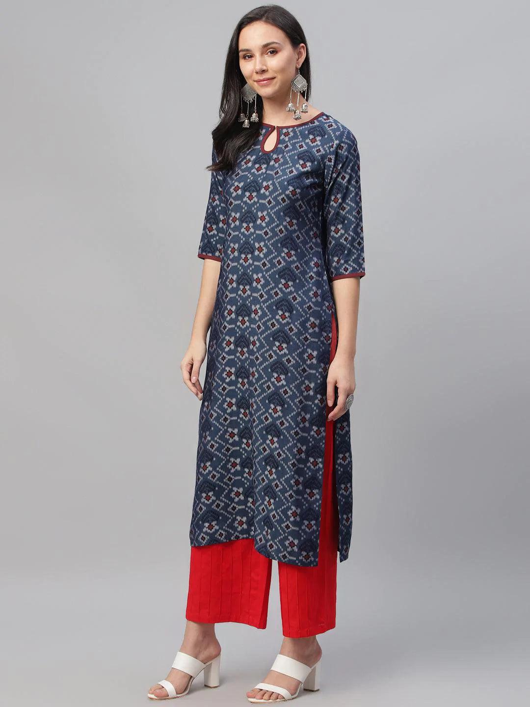 Blue Printed Rayon Kurta