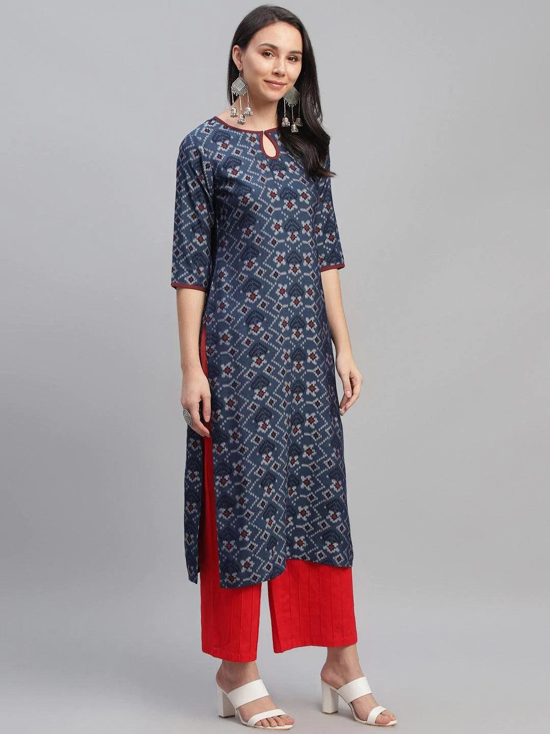 Blue Printed Rayon Kurta