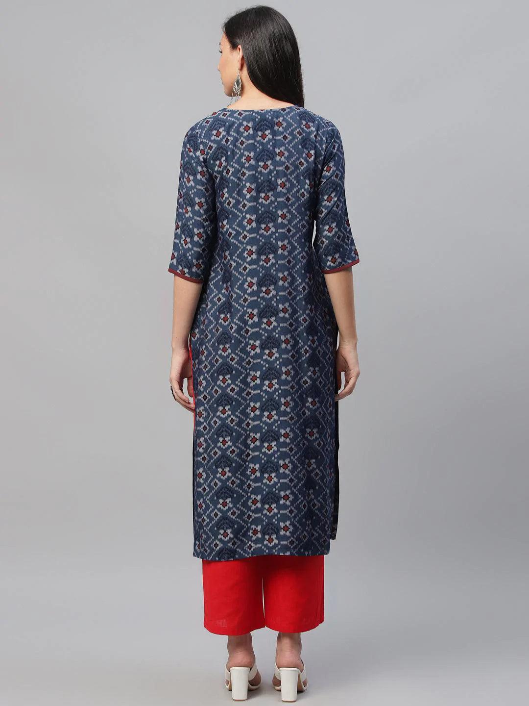 Blue Printed Rayon Kurta