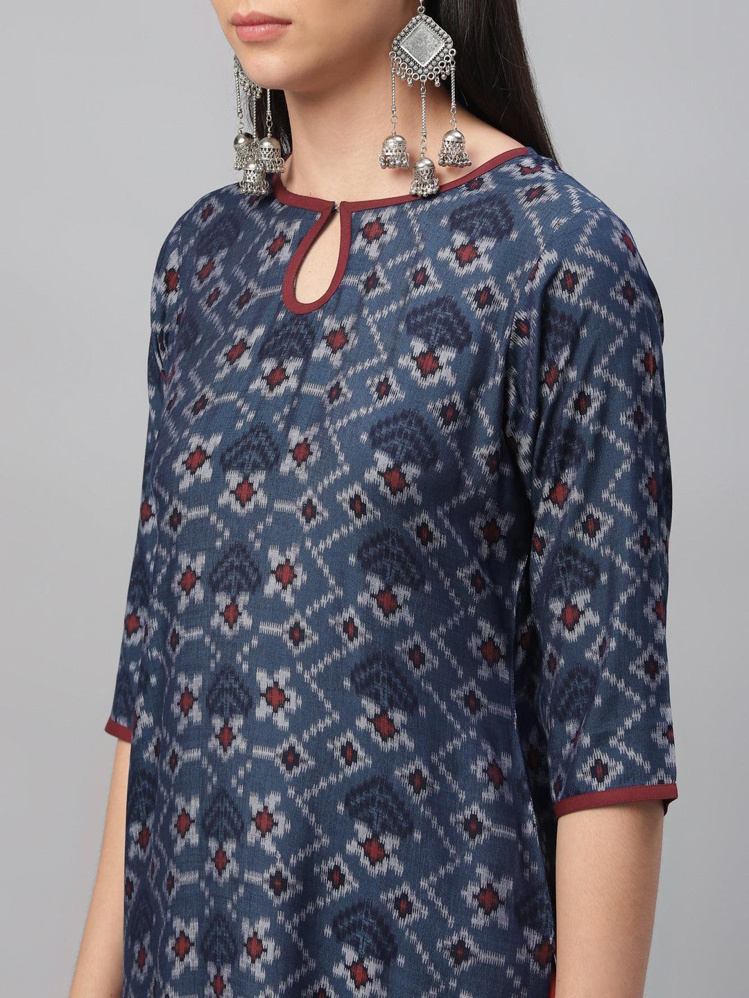 Blue Printed Rayon Kurta