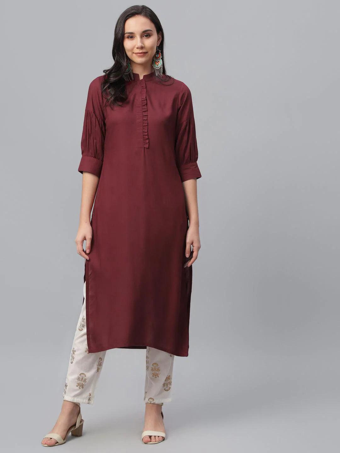 Maroon Solid Rayon Kurta