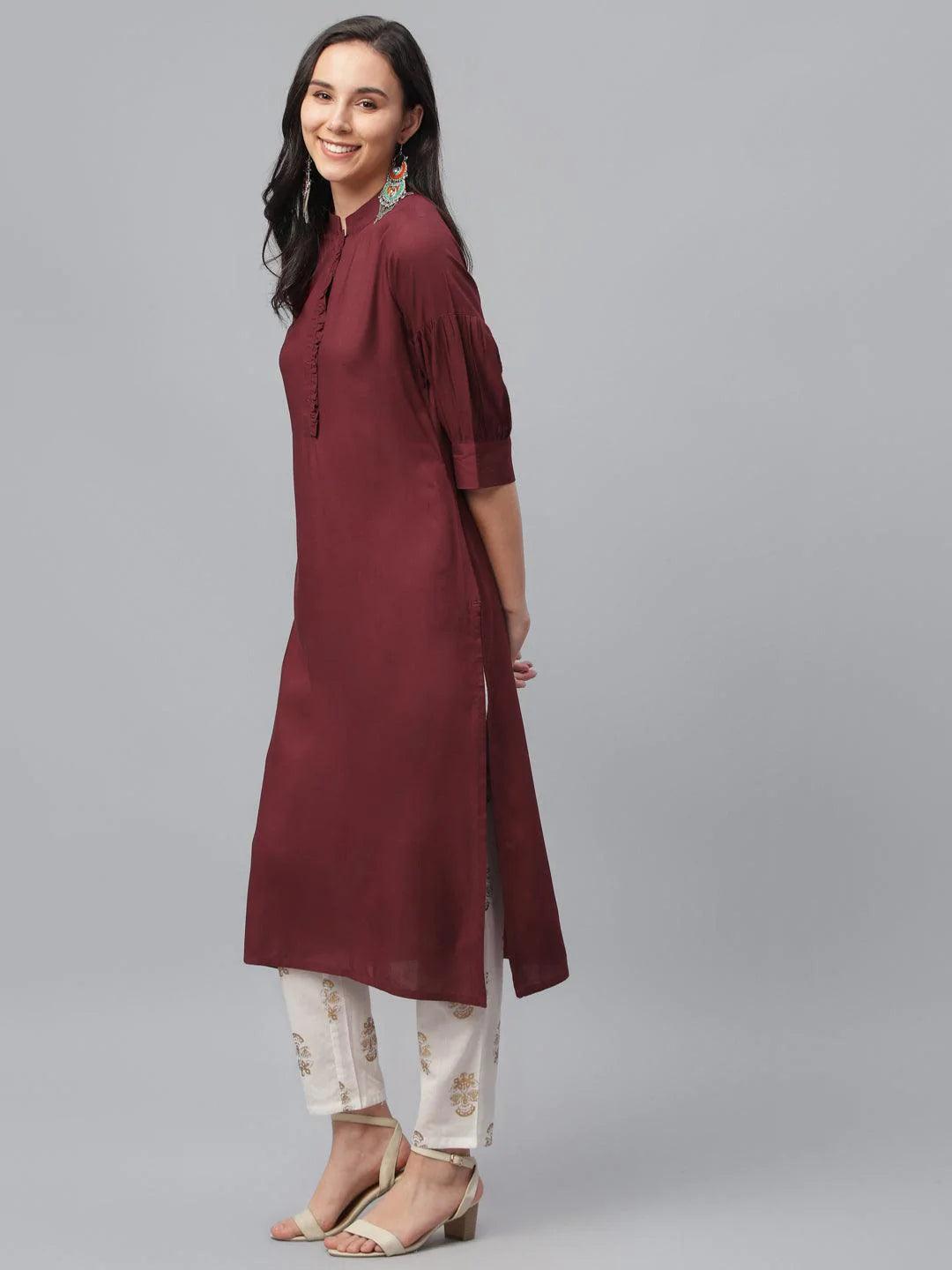 Maroon Solid Rayon Kurta