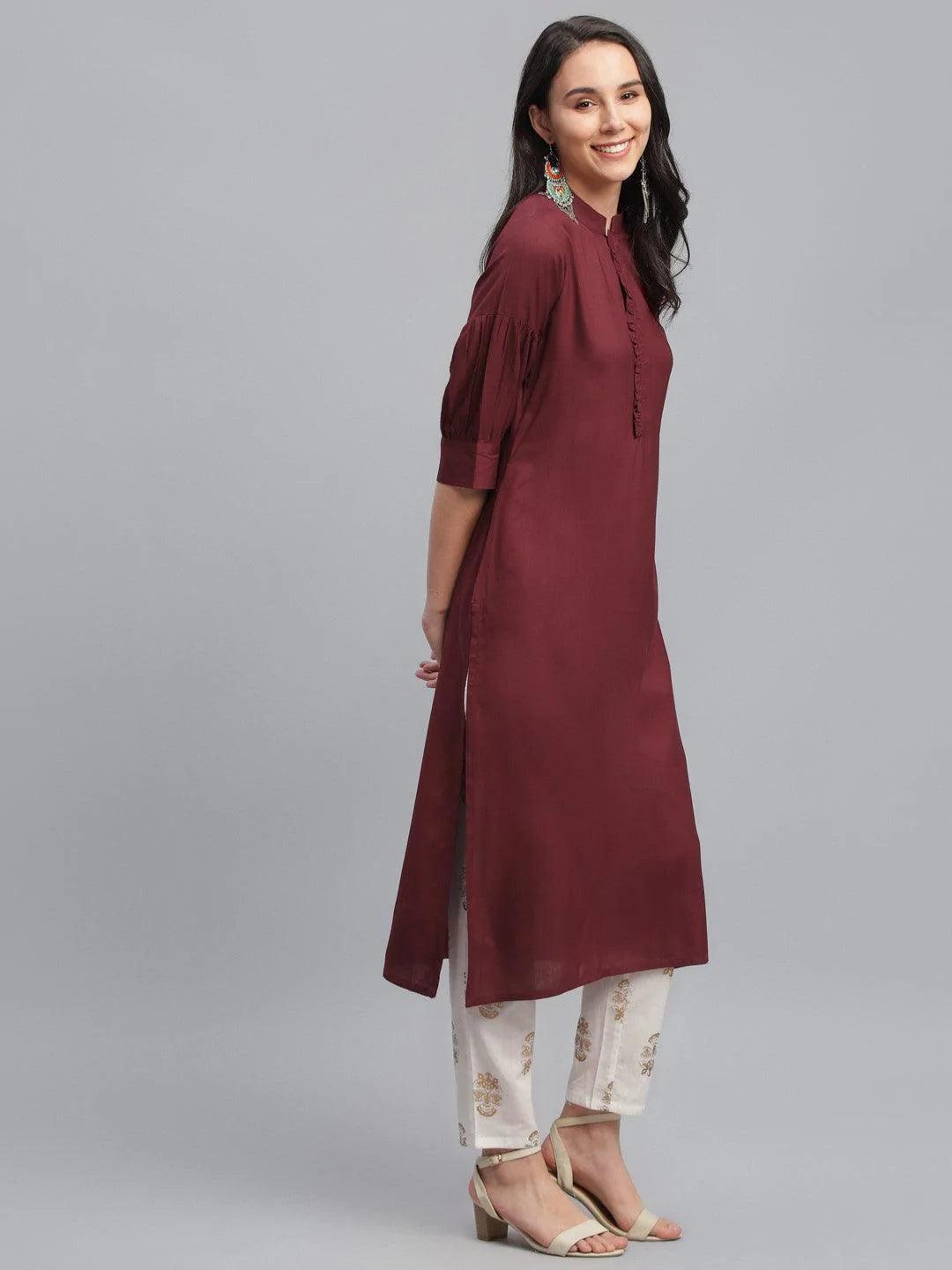 Maroon Solid Rayon Kurta