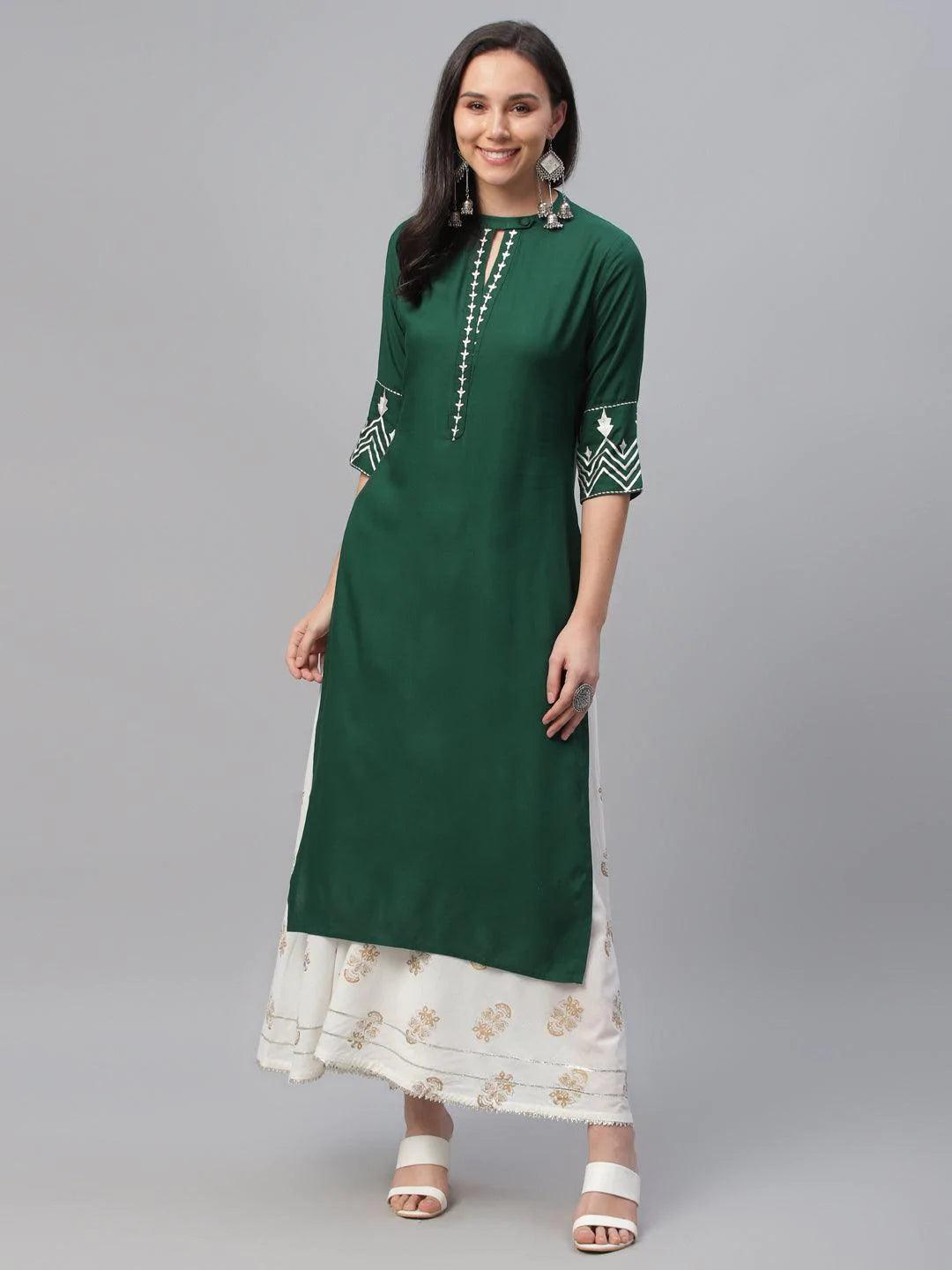 Green Embroidered Rayon Kurta