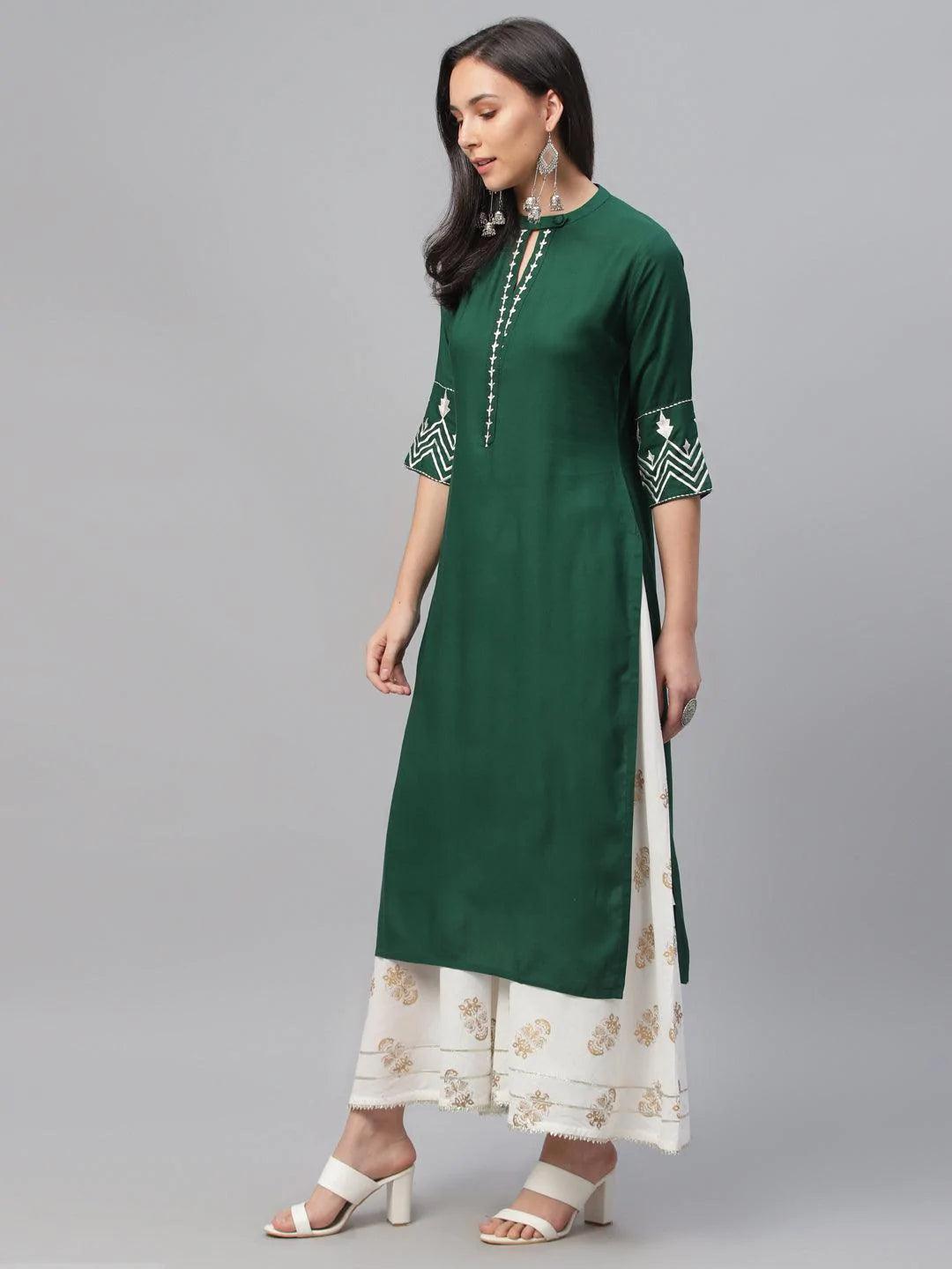 Green Embroidered Rayon Kurta