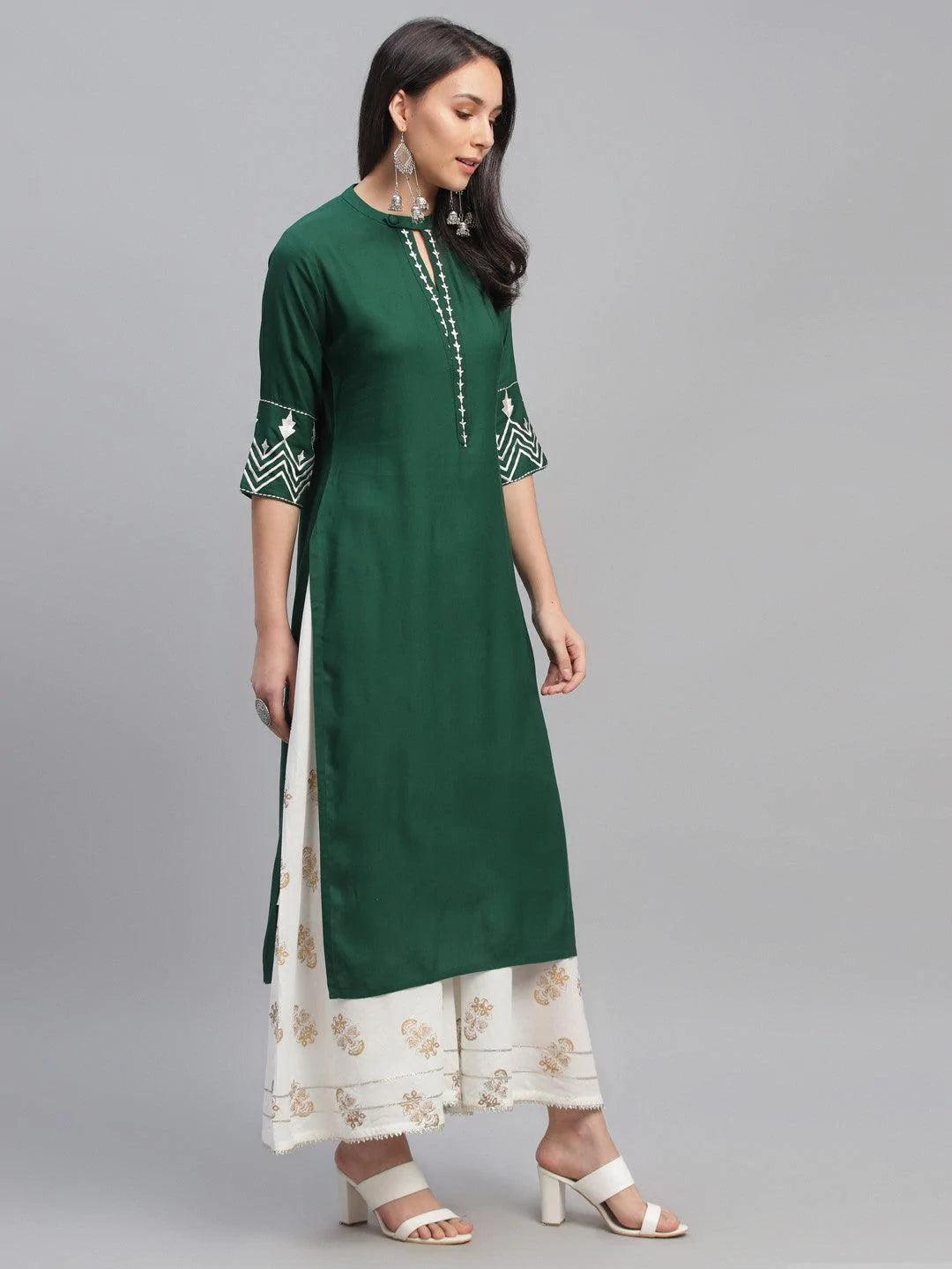 Green Embroidered Rayon Kurta