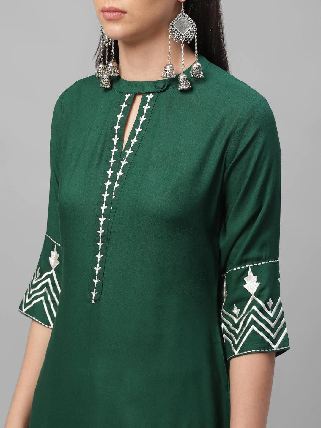 Green Embroidered Rayon Kurta