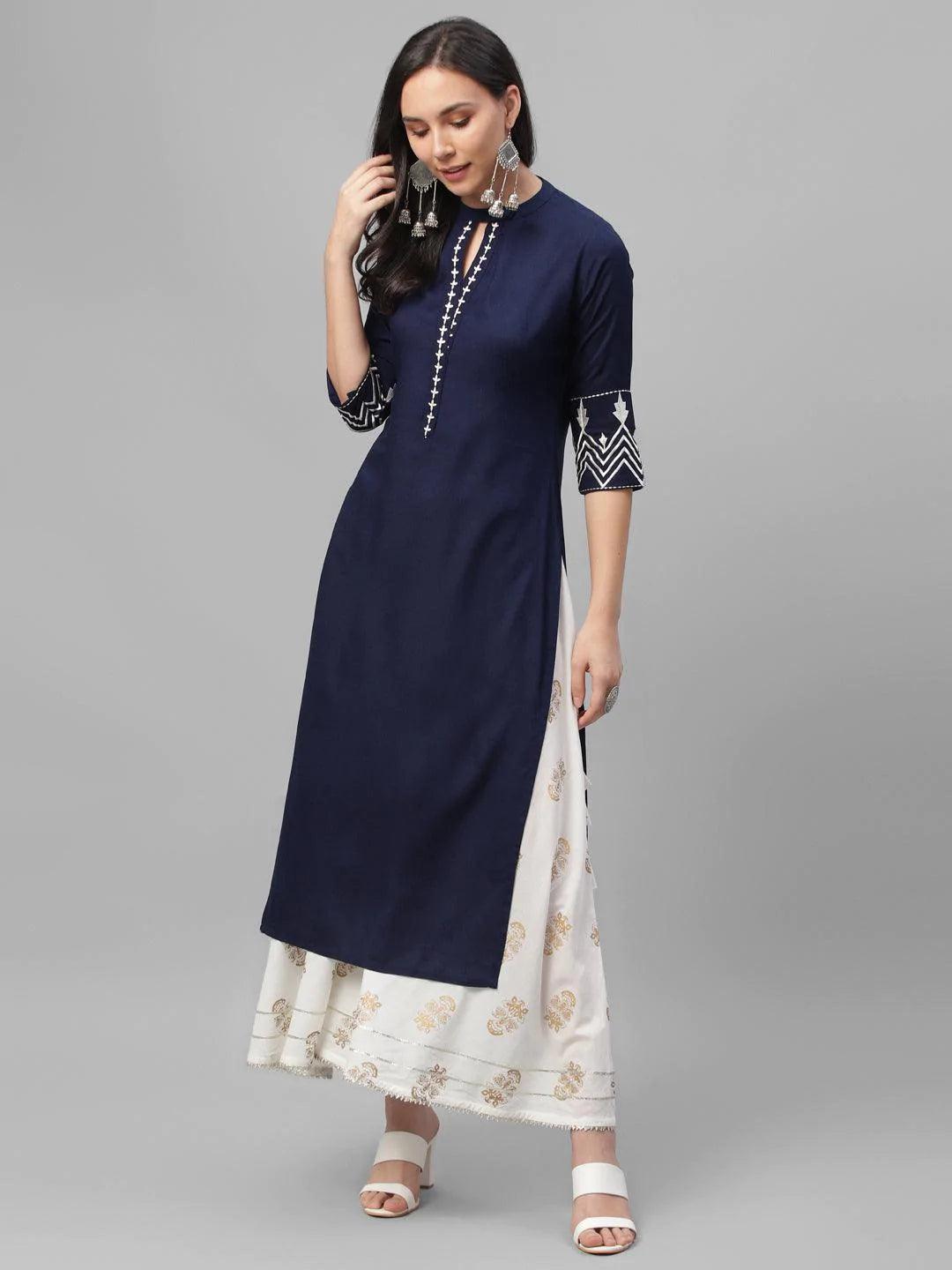 Blue Embroidered Rayon Kurta