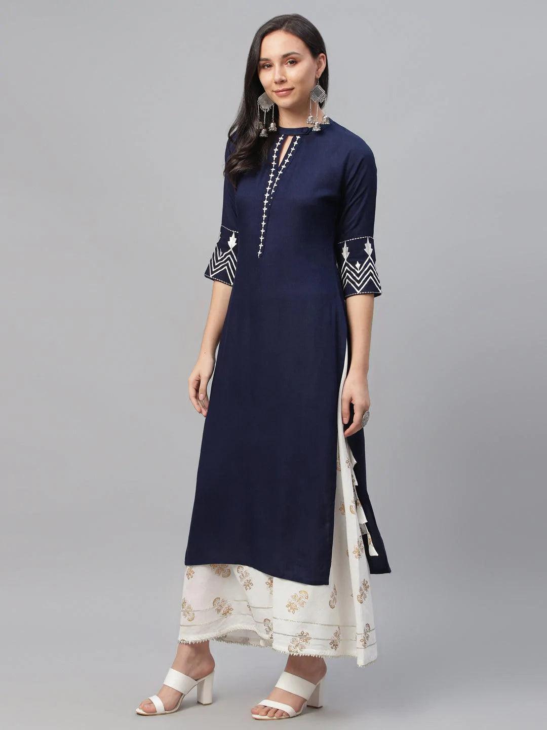 Blue Embroidered Rayon Kurta