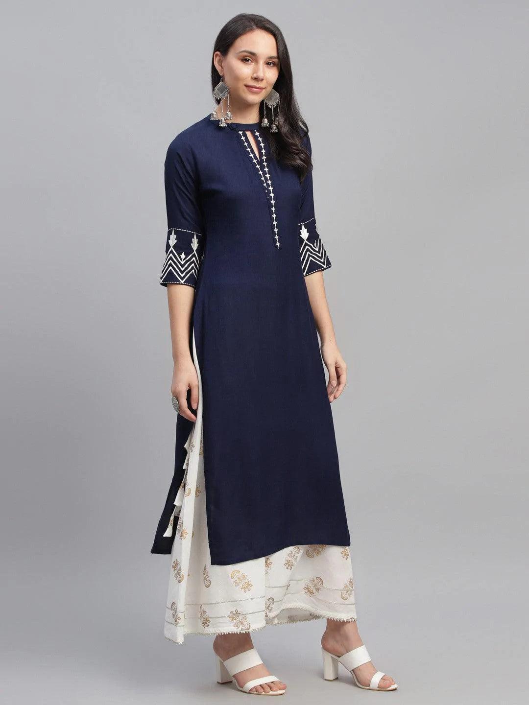 Blue Embroidered Rayon Kurta