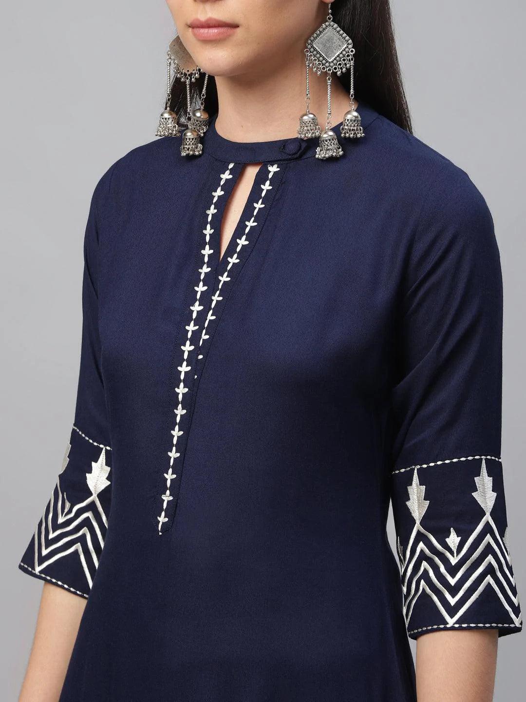 Blue Embroidered Rayon Kurta