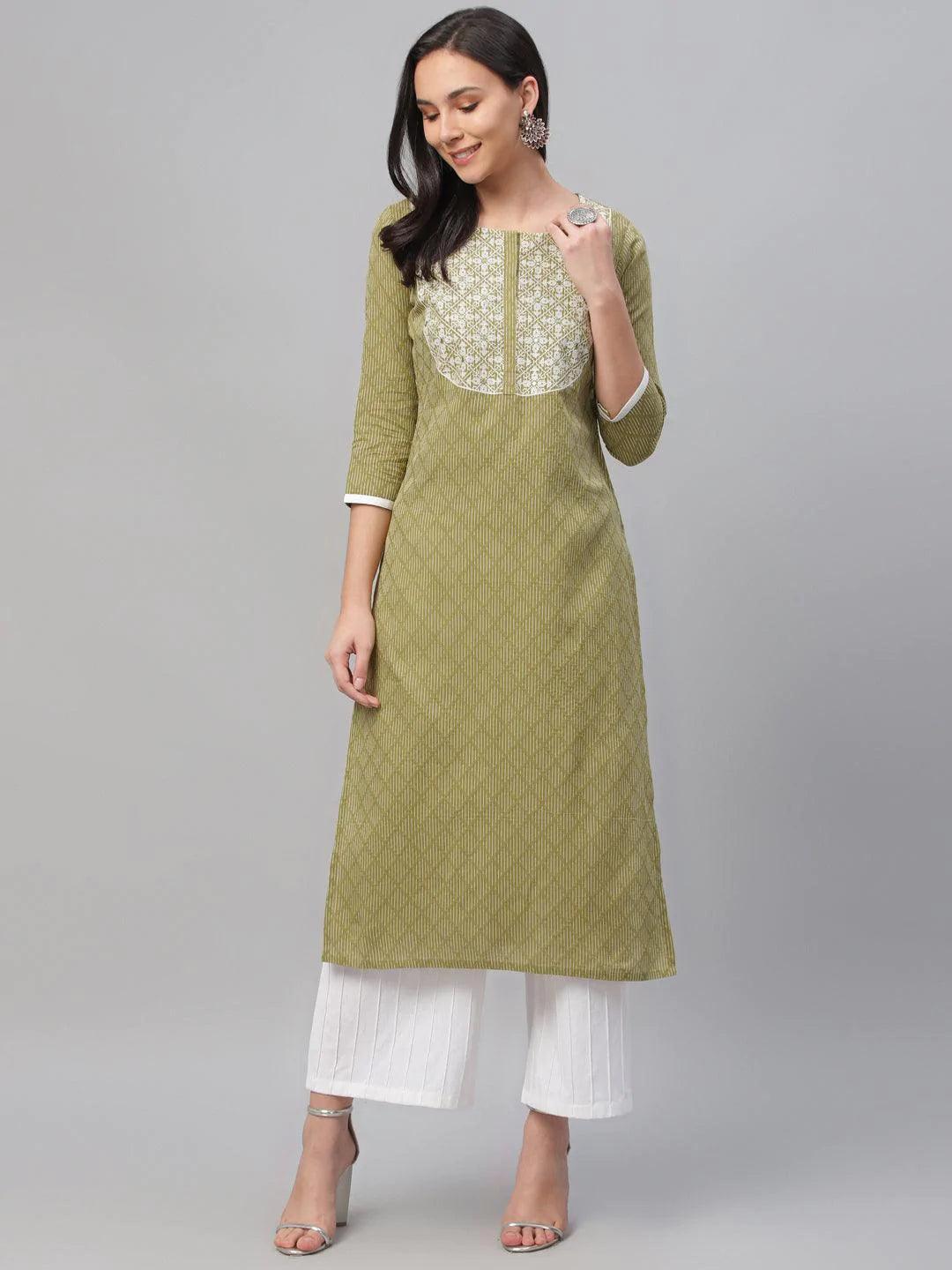 Green Embroidered Cotton Kurta