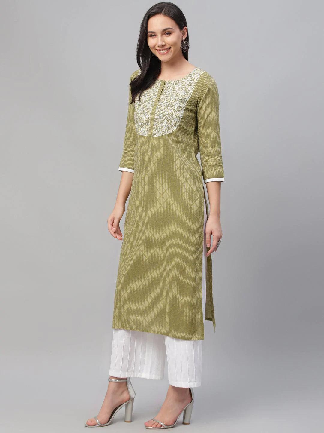 Green Embroidered Cotton Kurta