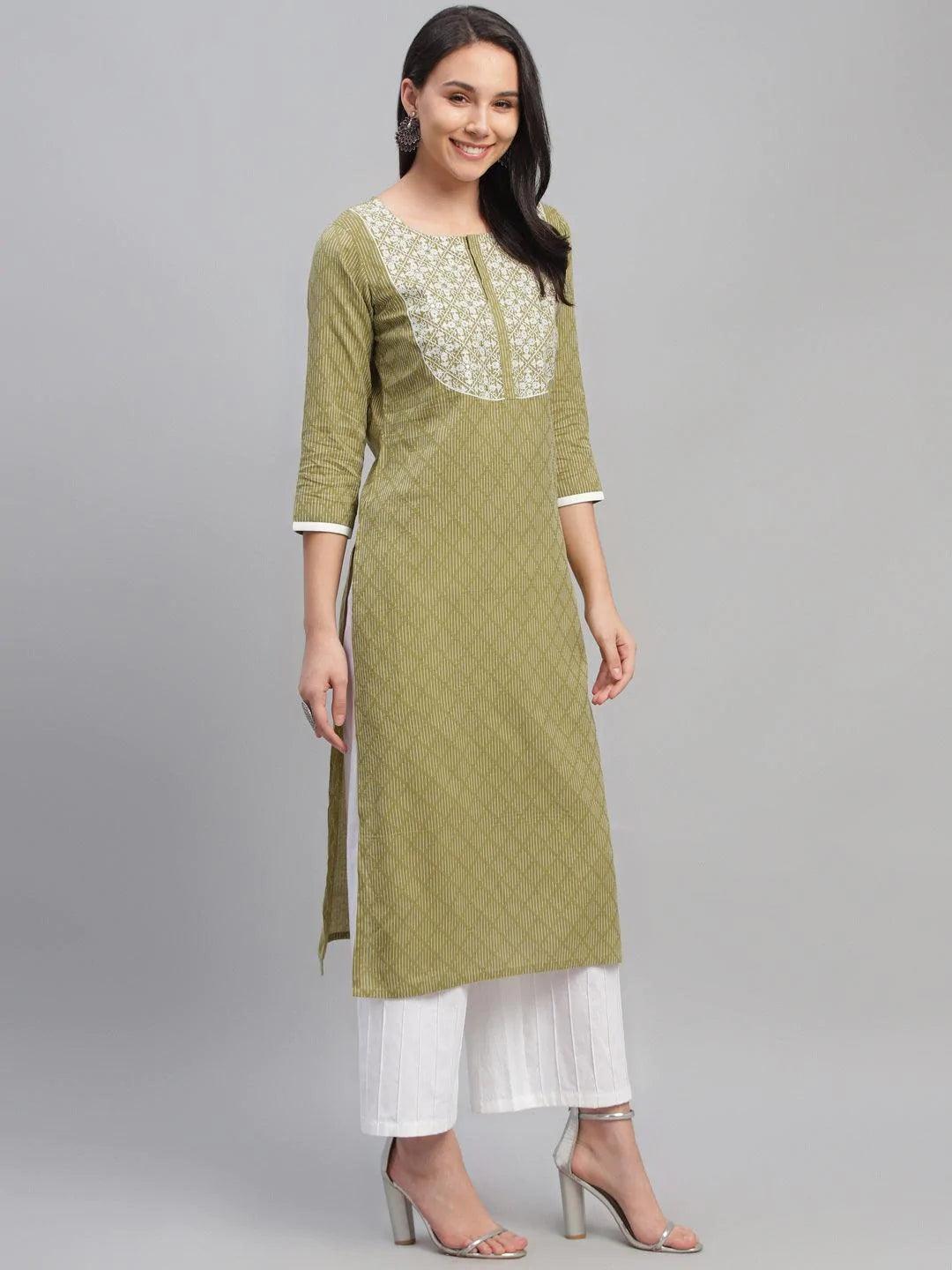 Green Embroidered Cotton Kurta