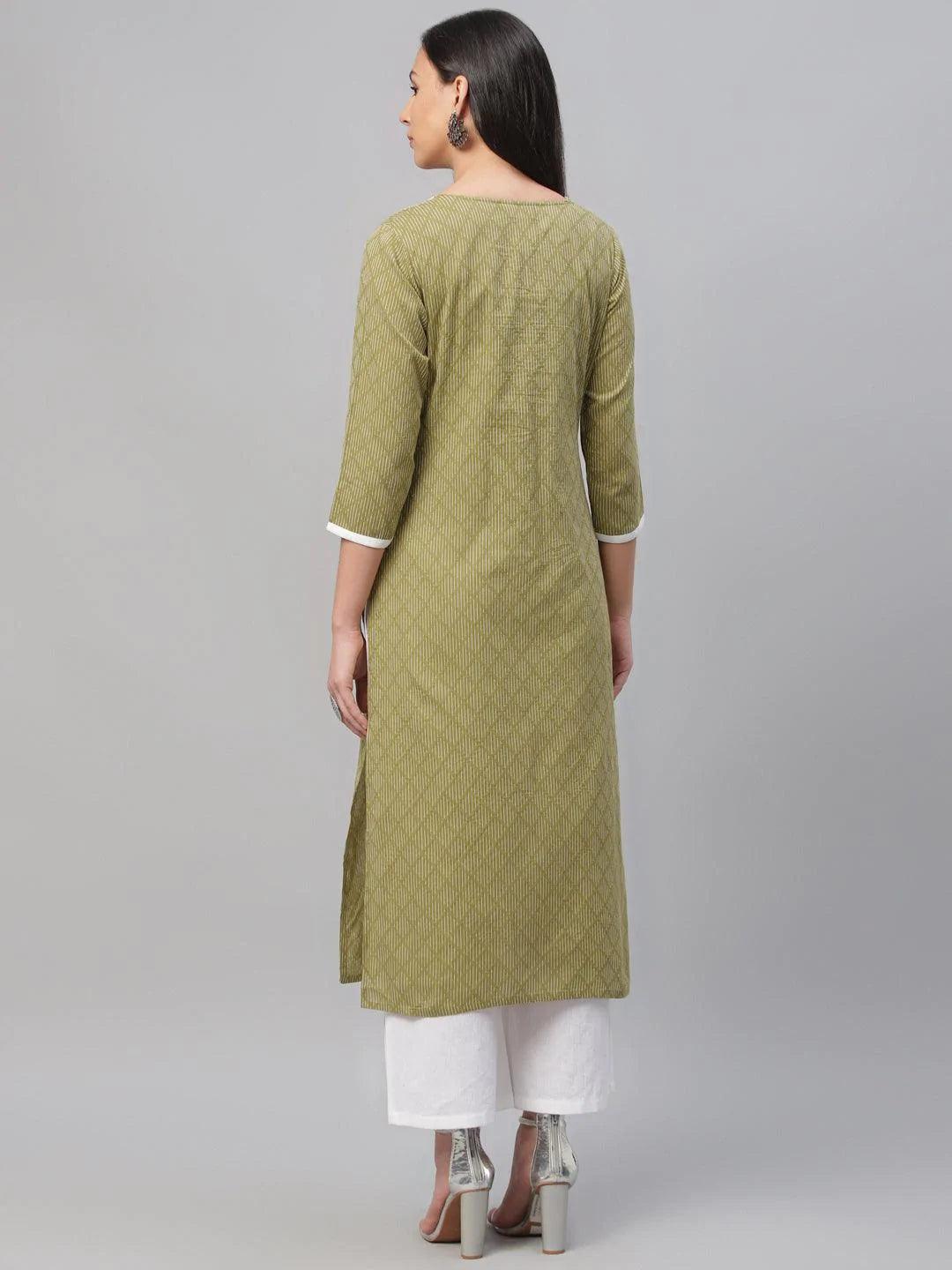 Green Embroidered Cotton Kurta