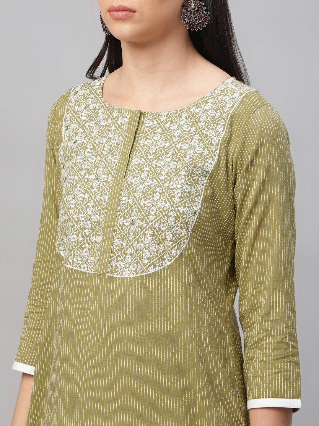 Green Embroidered Cotton Kurta