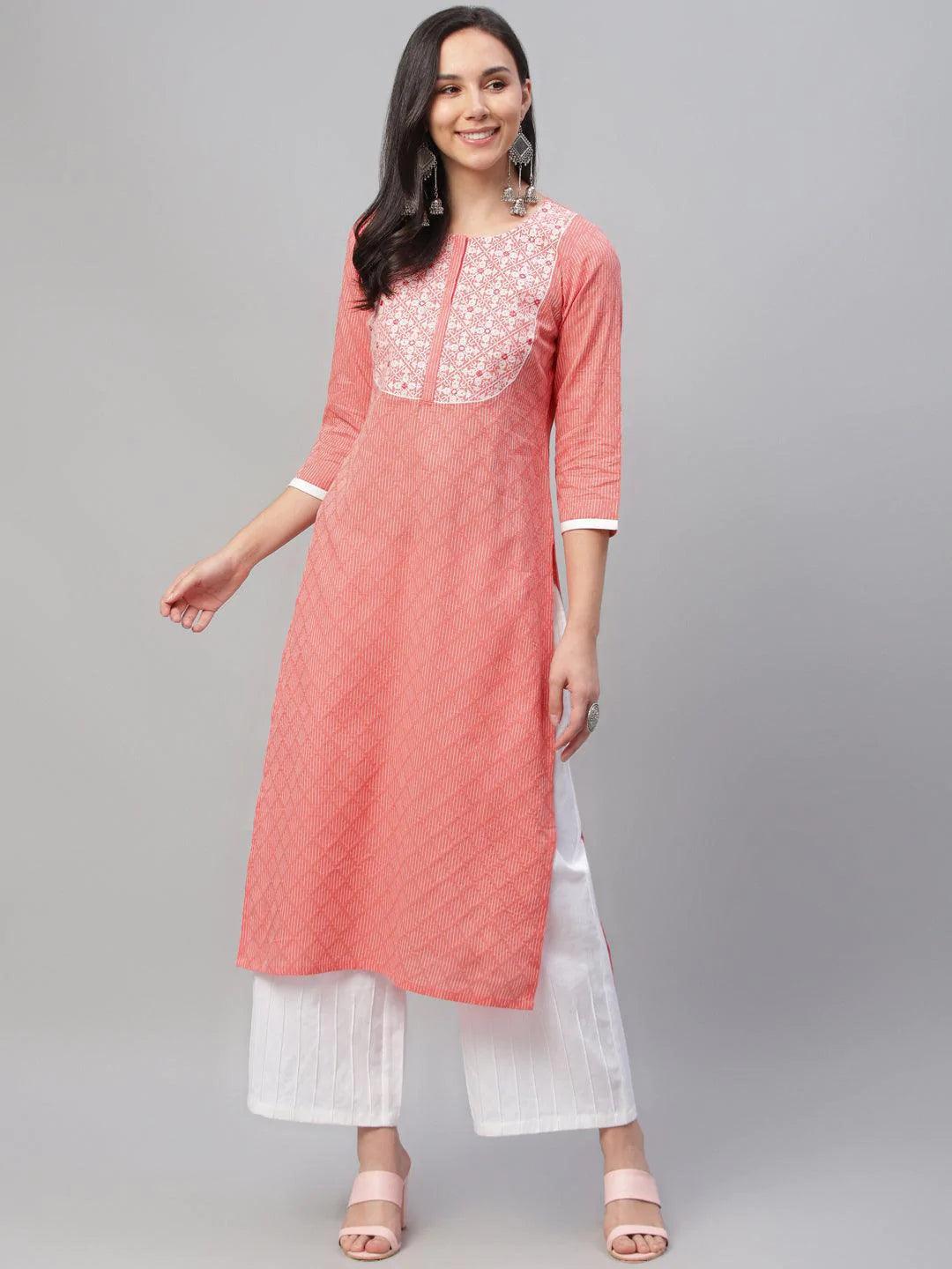 Pink Embroidered Cotton Kurta