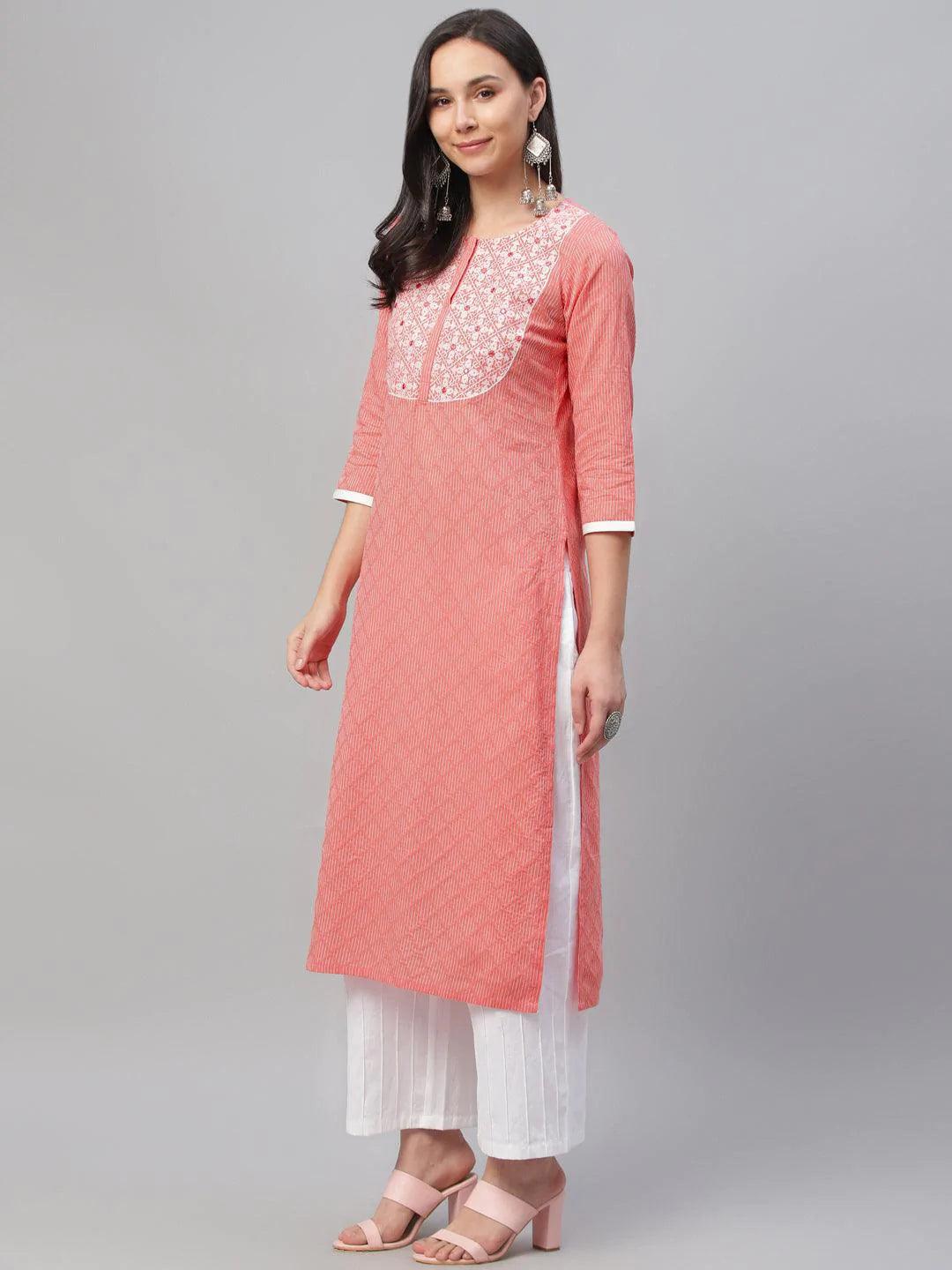 Pink Embroidered Cotton Kurta