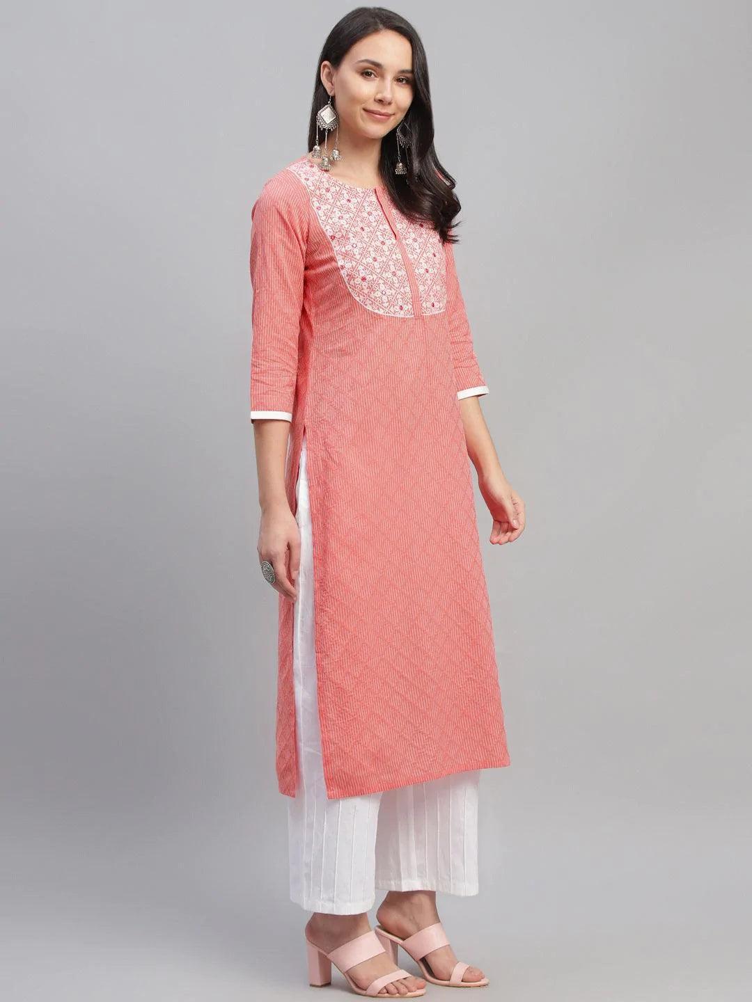 Pink Embroidered Cotton Kurta