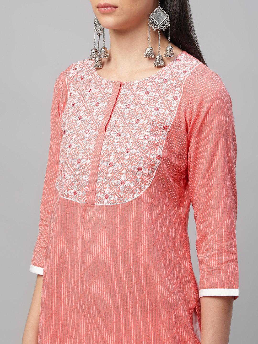 Pink Embroidered Cotton Kurta