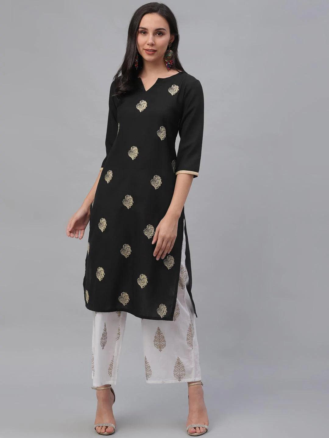 Black Embroidered Rayon Kurta