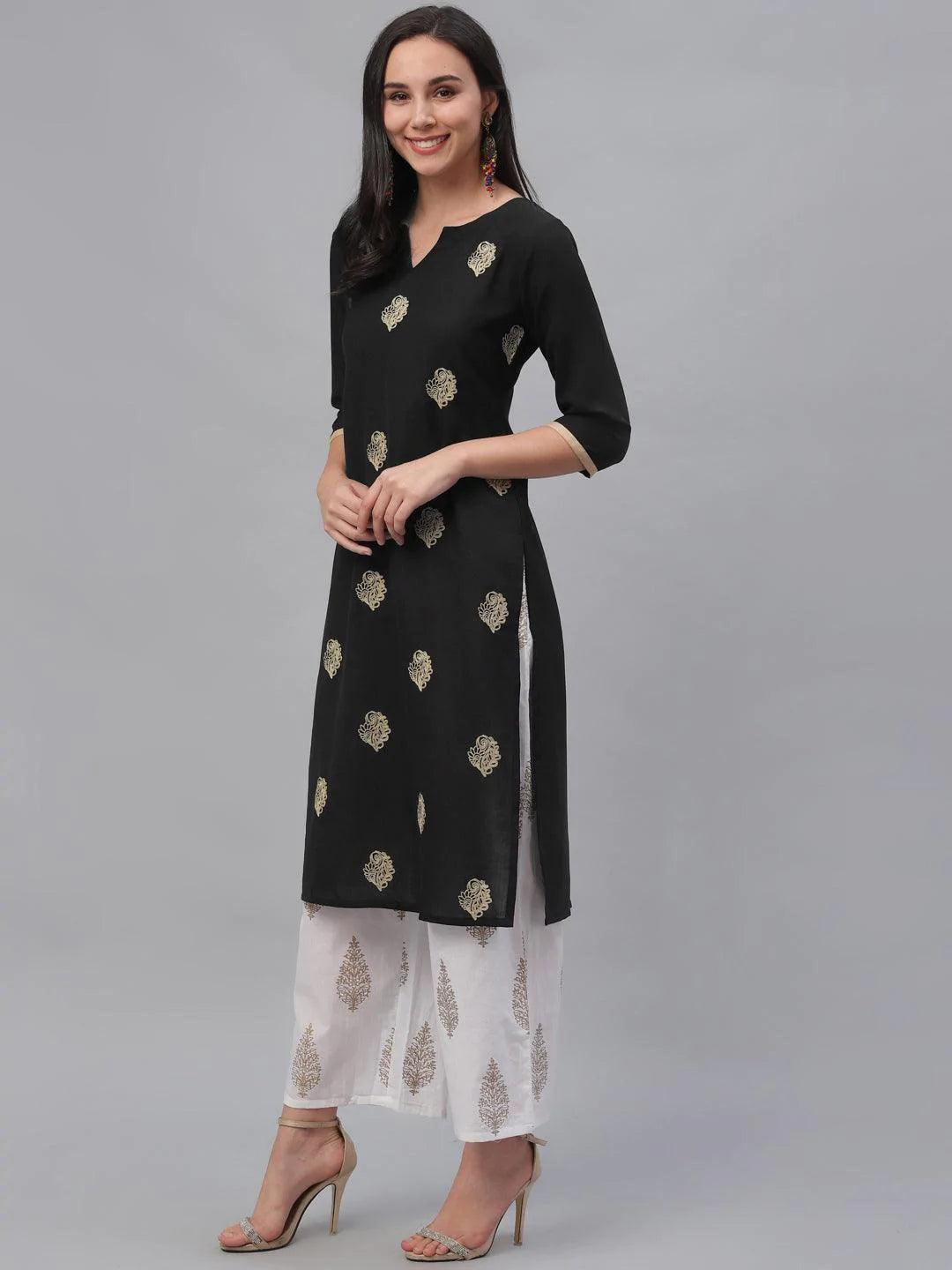 Black Embroidered Rayon Kurta