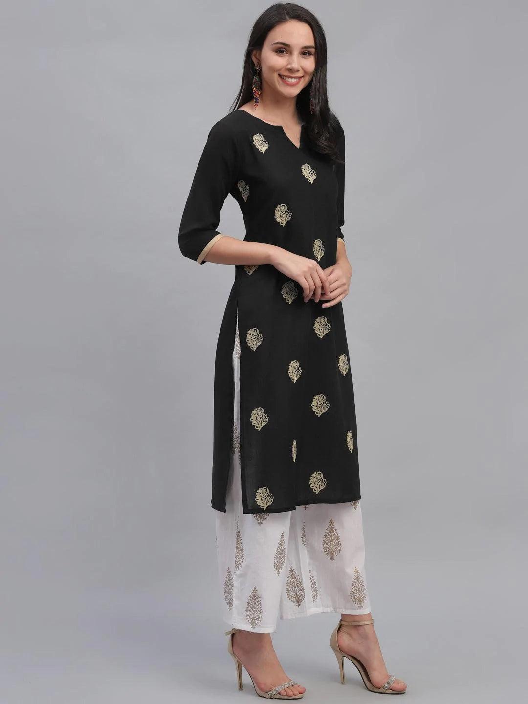 Black Embroidered Rayon Kurta