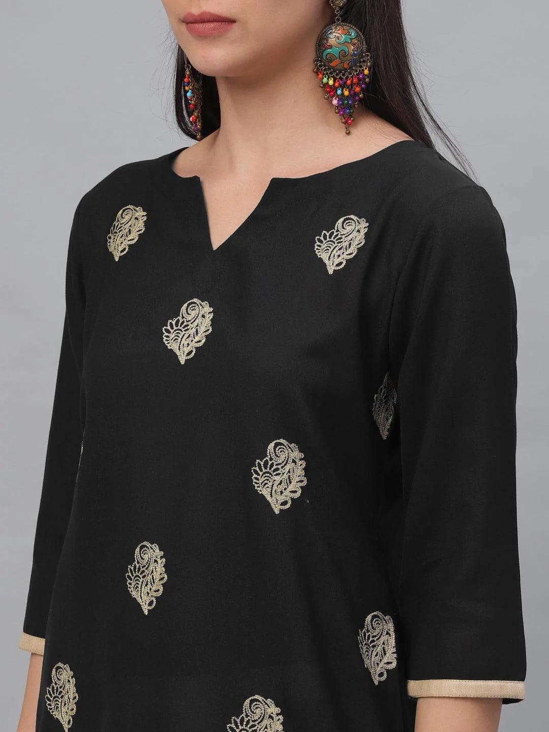 Black Embroidered Rayon Kurta