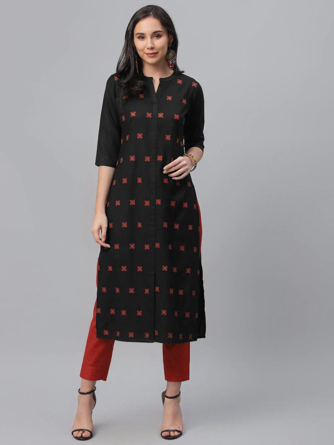 Black Embroidered Cotton Kurta