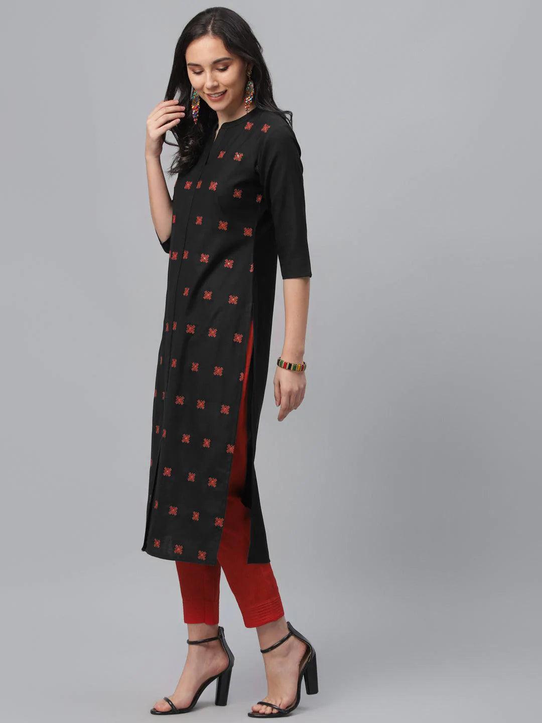 Black Embroidered Cotton Kurta