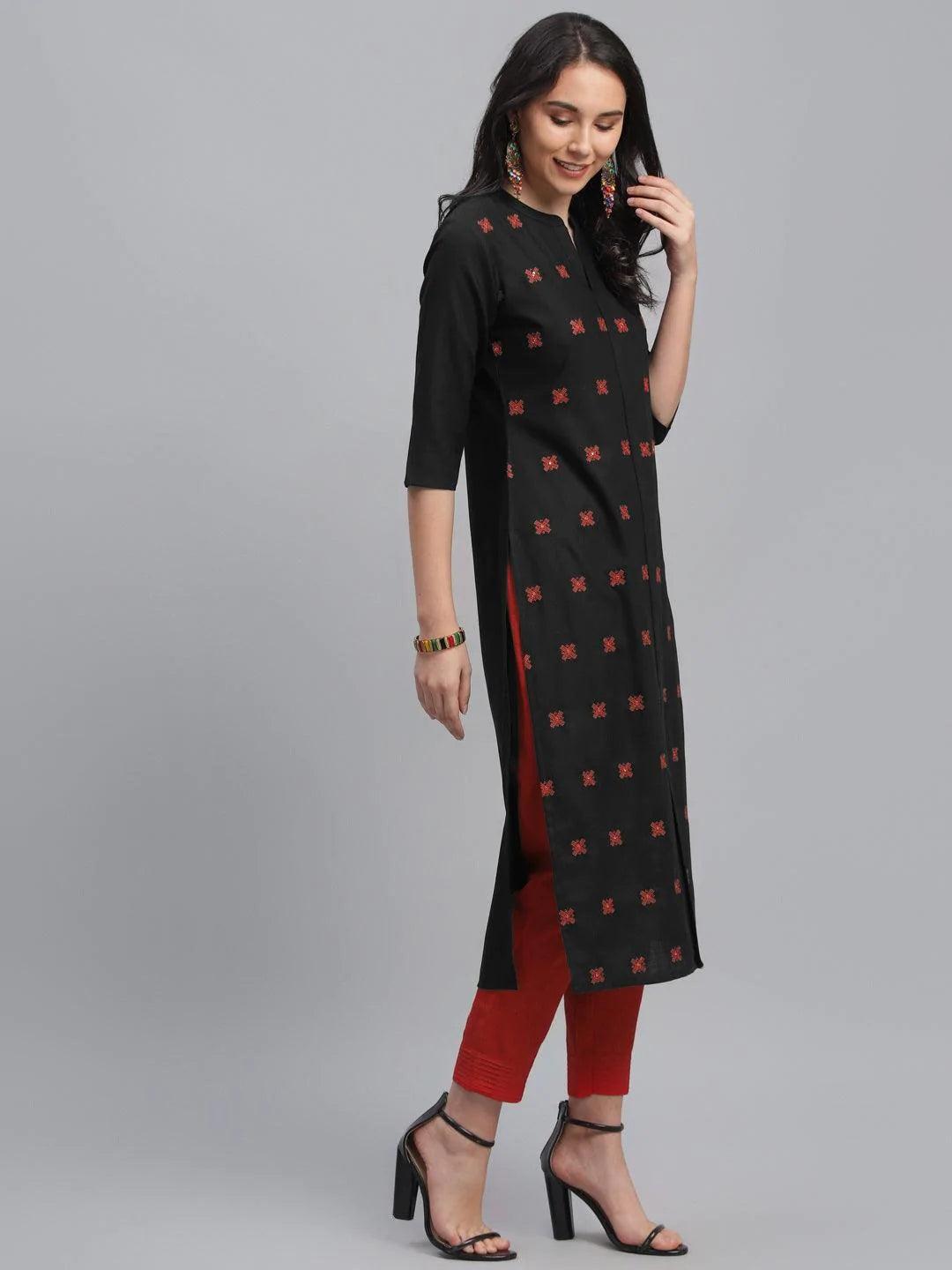 Black Embroidered Cotton Kurta