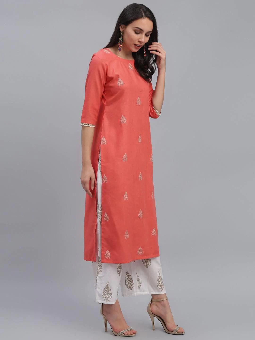 Pink Embroidered Cotton Kurta